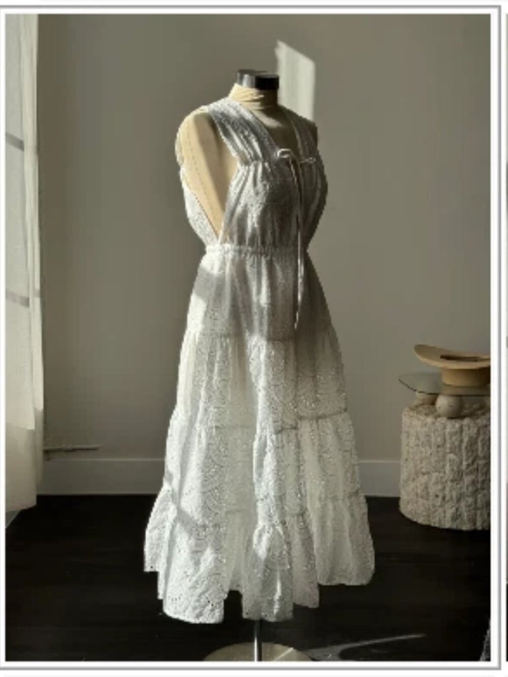 New White Cotton Eyelet  Babydoll Maxi Dress Deep V Neck Underskirt Romantic L